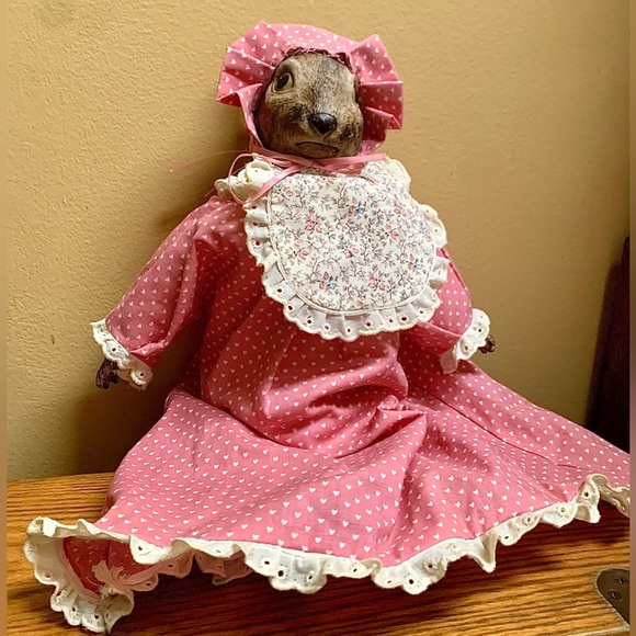 Vintage Artisan Hand Crafted Female Baby Doll Pink Dress Rabbit Head Baroque - Picture 5 of 15